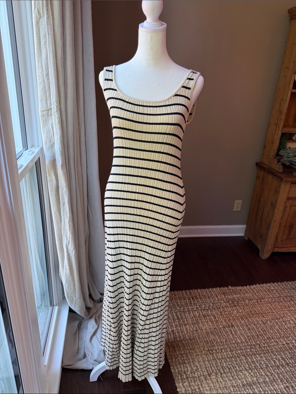 Altar’d State Sz Med. Sleeveless Cream & Black Striped Sweater Ribbed Maxi Dress